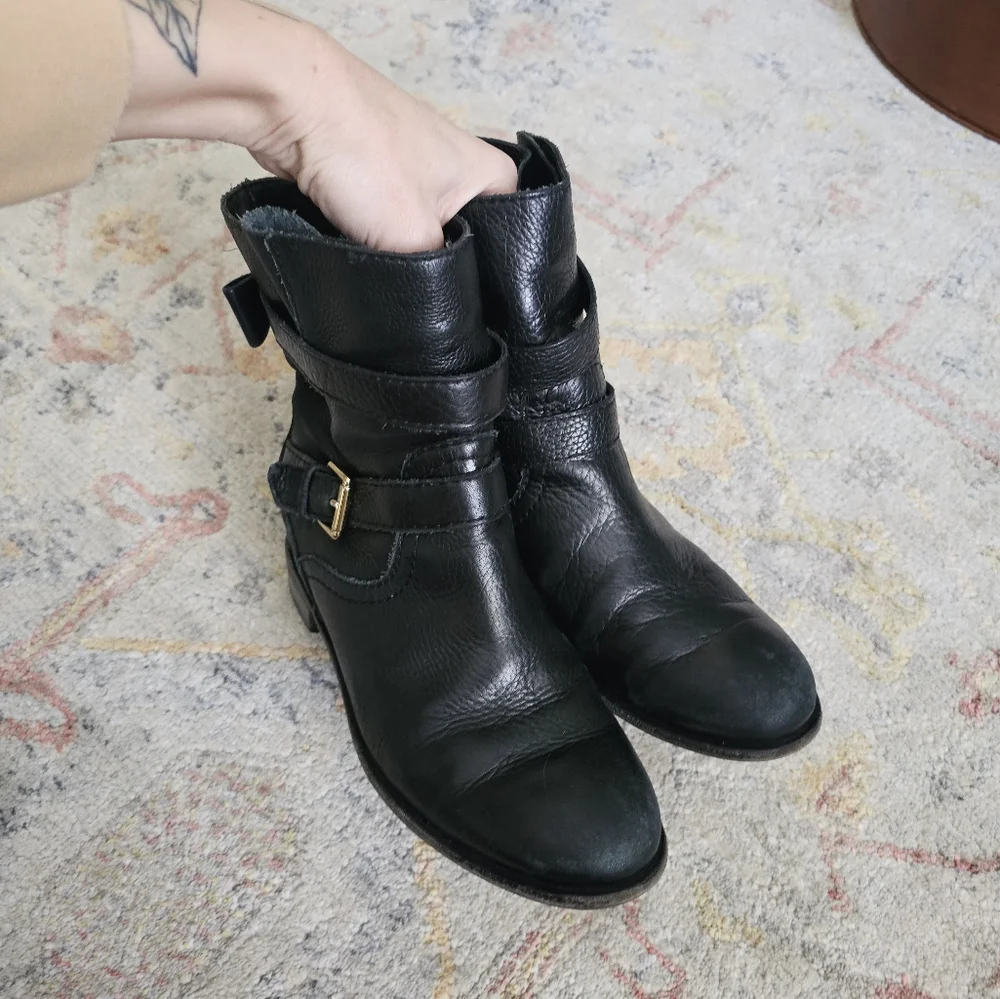 Kate Spade Sabina Pebbled Calfskin Black Leather Ankle Boots with Buckles